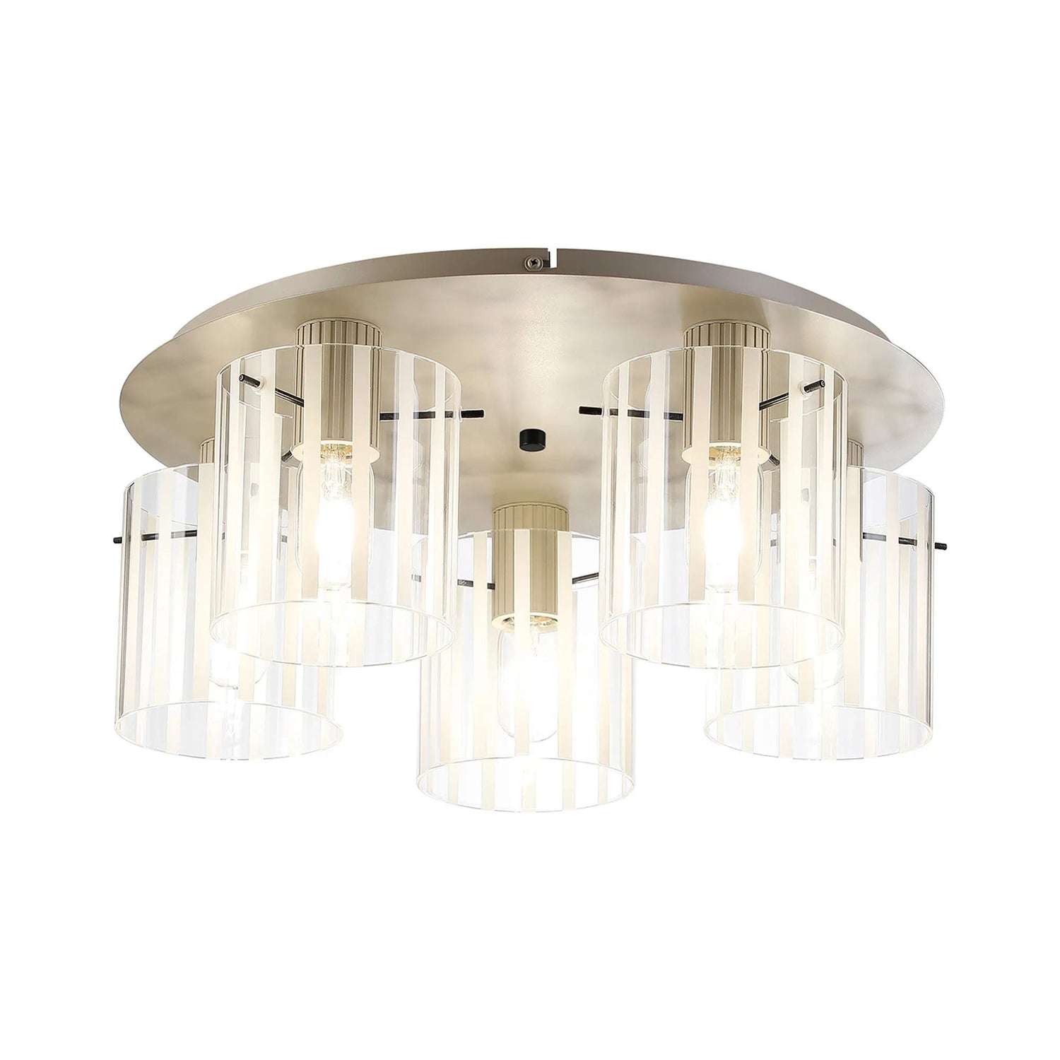 Aouchiche Round Ceiling Flush, 5 Light Flush Fitting E27, Beige Stone/Frosted/Clear Wide Line Glass