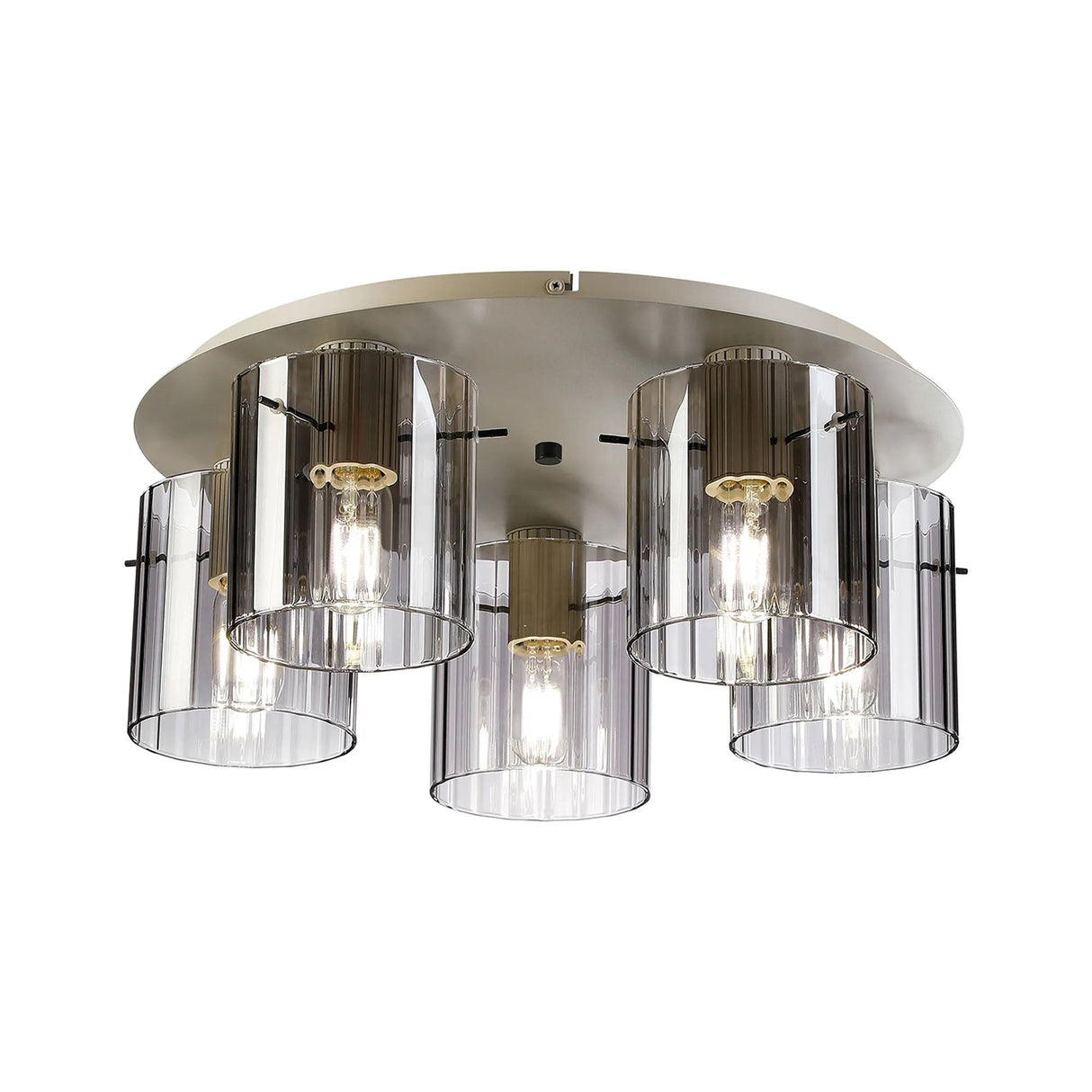 Aouchiche Round Ceiling Flush, 5 Light Flush Fitting E27, Beige Stone/Smoke Wide Line Glass