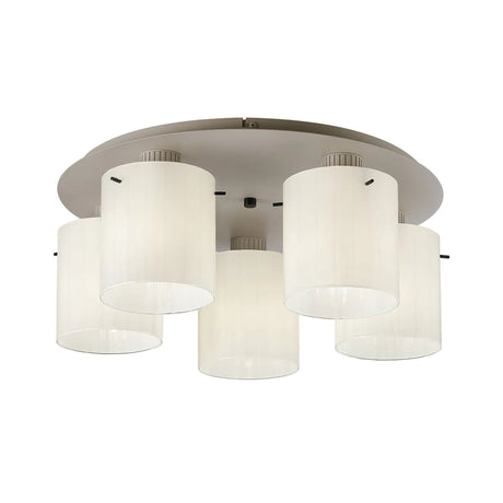 Aouchiche Round Ceiling Flush, 5 Light Flush Fitting E27, Beige Stone/Gloss White Wide Line Glass