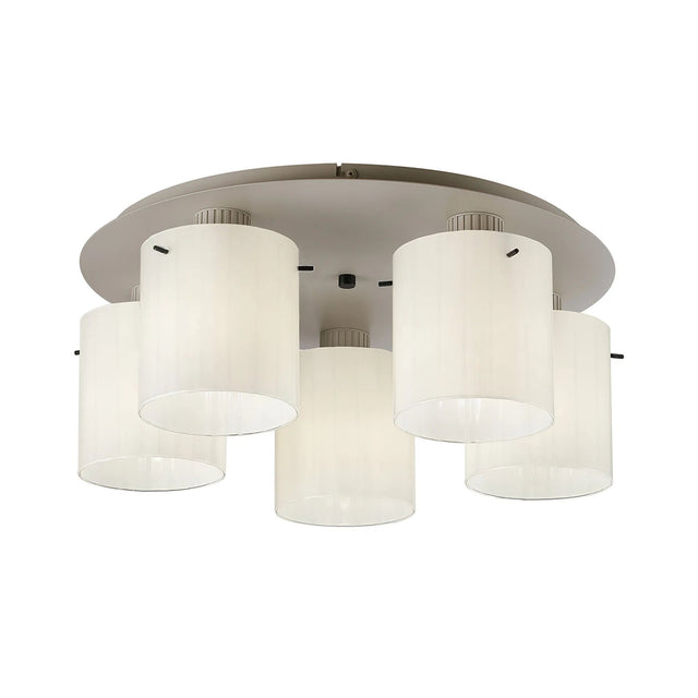 Aouchiche Round Ceiling Flush, 5 Light Flush Fitting E27, Beige Stone/Gloss White Wide Line Glass