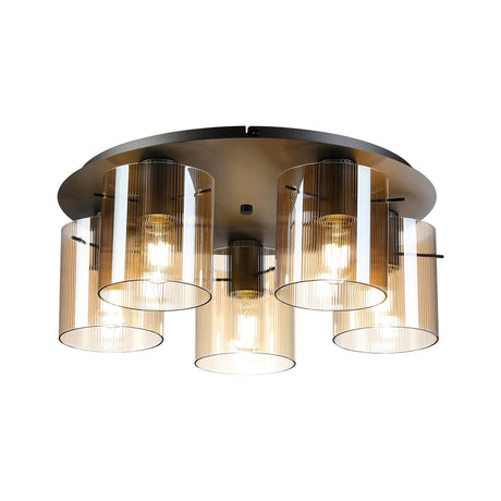 Aouchiche Round Ceiling Flush, 5 Light Flush Fitting E27, Dark Grey/Amber Narrow Line Glass