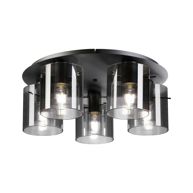 Aouchiche Round Ceiling Flush, 5 Light Flush Fitting E27, Dark Grey/Smoke Narrow Line Glass
