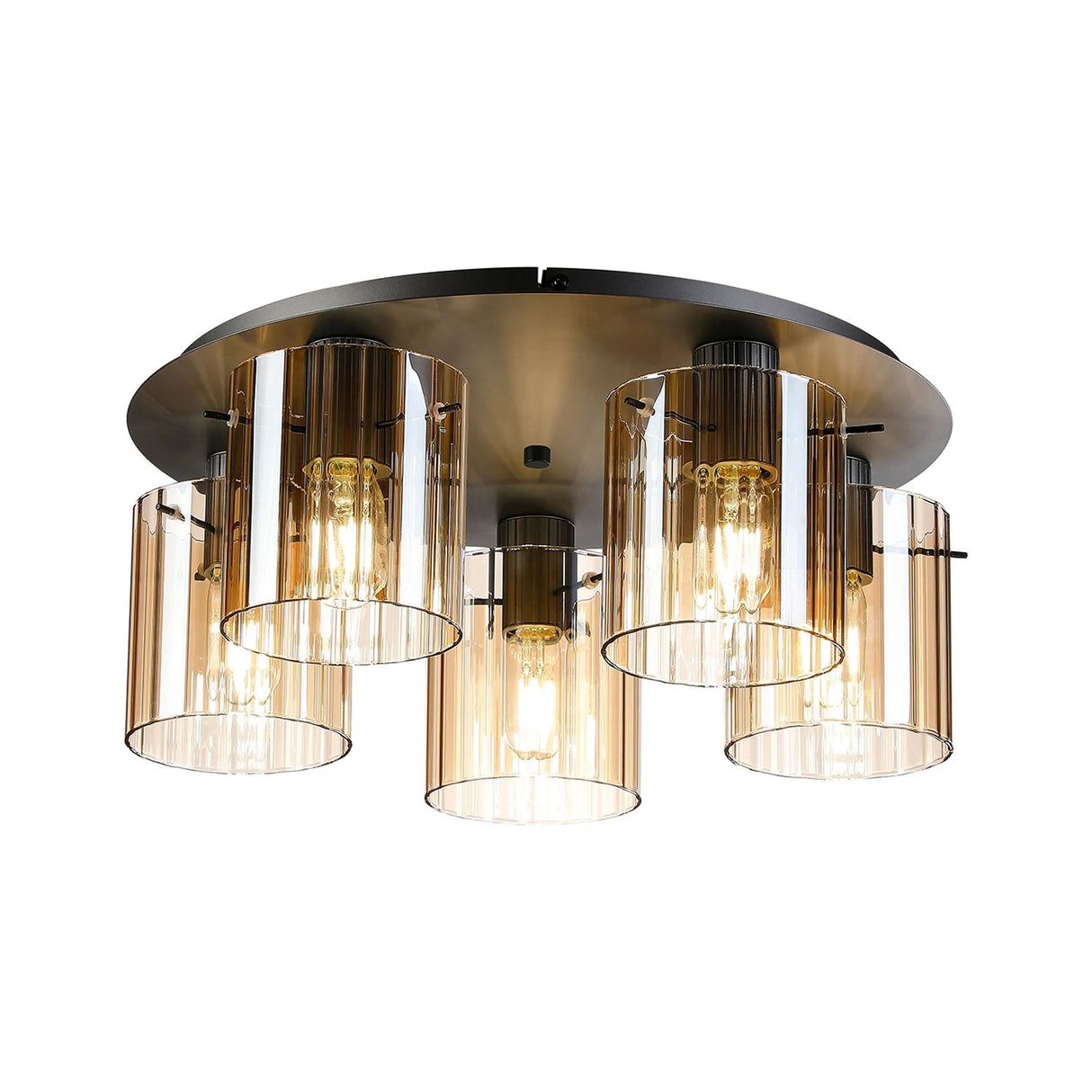 Aouchiche Round Ceiling Flush, 5 Light Flush Fitting E27, Dark Grey/Amber Wide Line Glass