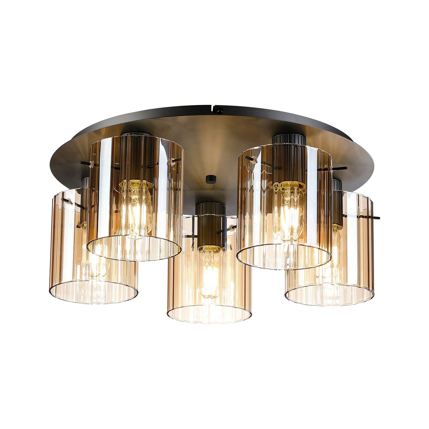 Aouchiche Round Ceiling Flush, 5 Light Flush Fitting E27, Dark Grey/Amber Wide Line Glass