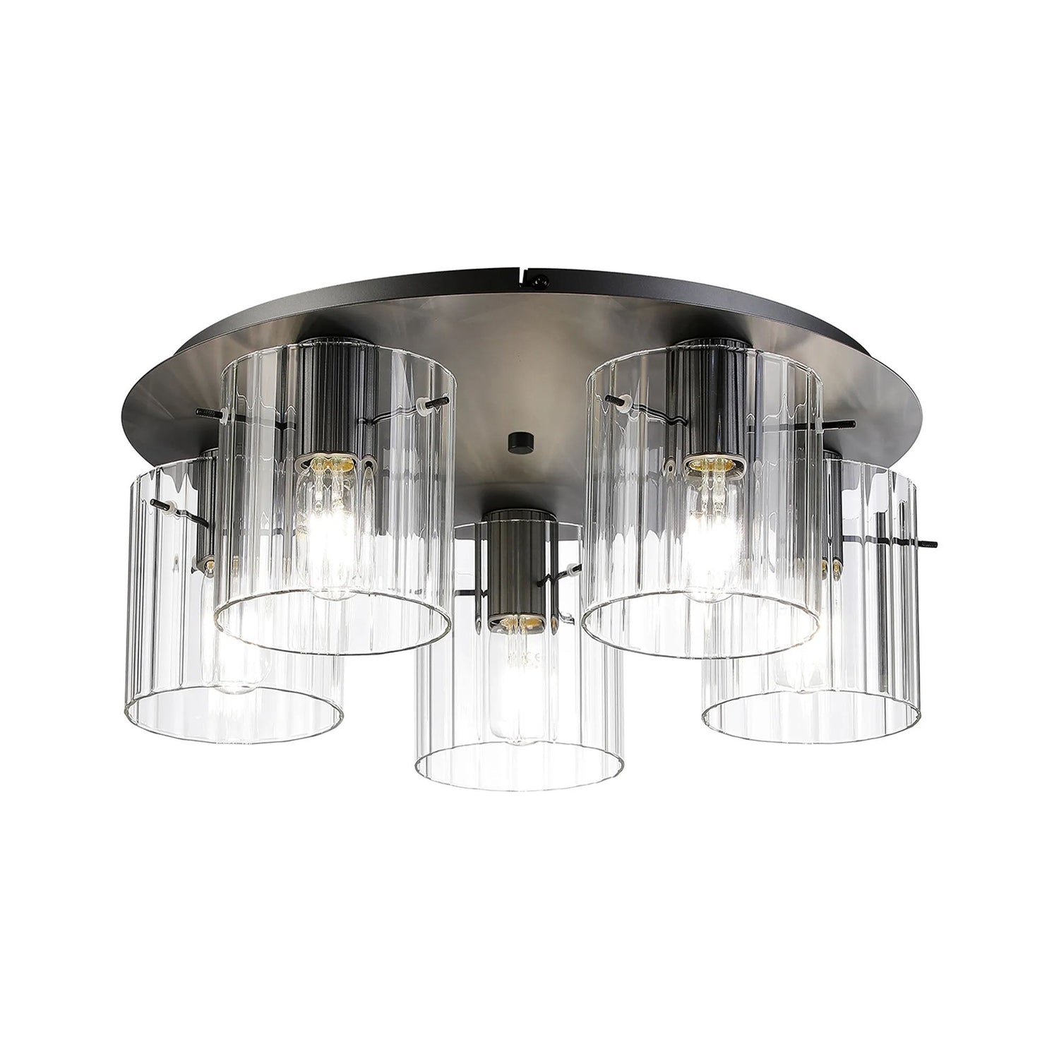 Aouchiche Round Ceiling Flush, 5 Light Flush Fitting E27, Dark Grey/Clear Wide Line Glass