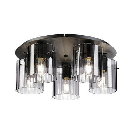 Aouchiche Round Ceiling Flush, 5 Light Flush Fitting E27, Dark Grey/Smoke Wide Line Glass