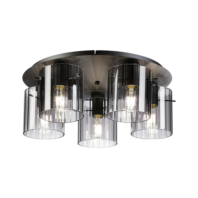 Aouchiche Round Ceiling Flush, 5 Light Flush Fitting E27, Dark Grey/Smoke Wide Line Glass