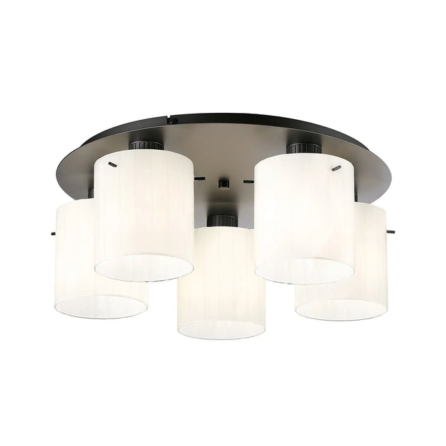 Aouchiche Round Ceiling Flush, 5 Light Flush Fitting E27, Dark Grey/Gloss White Wide Line Glass
