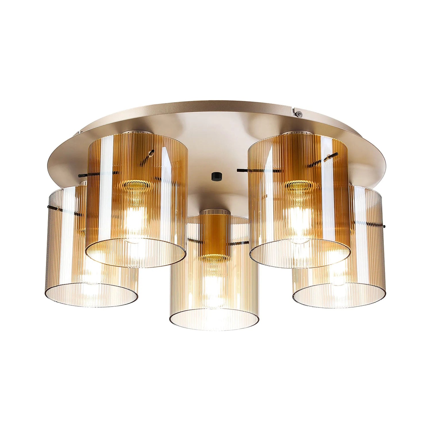 Aouchiche Round Ceiling Flush, 5 Light Flush Fitting E27, Light Gold/Amber Narrow Line Glass