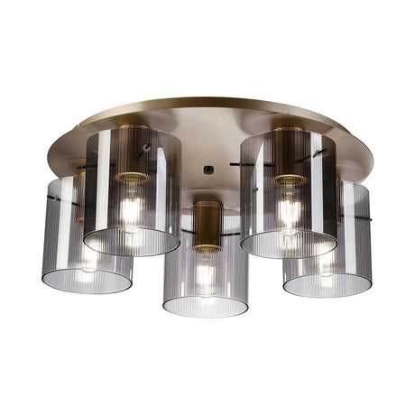 Aouchiche Round Ceiling Flush, 5 Light Flush Fitting E27, Light Gold/Smoke Narrow Line Glass