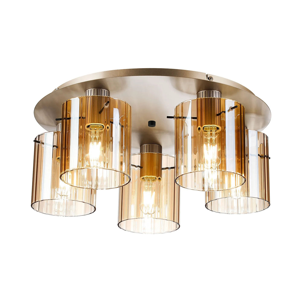 Aouchiche Round Ceiling Flush, 5 Light Flush Fitting E27, Light Gold/Amber Wide Line Glass