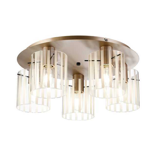 Aouchiche Round Ceiling Flush, 5 Light Flush Fitting E27, Light Gold/Frosted/Clear Wide Line Glass