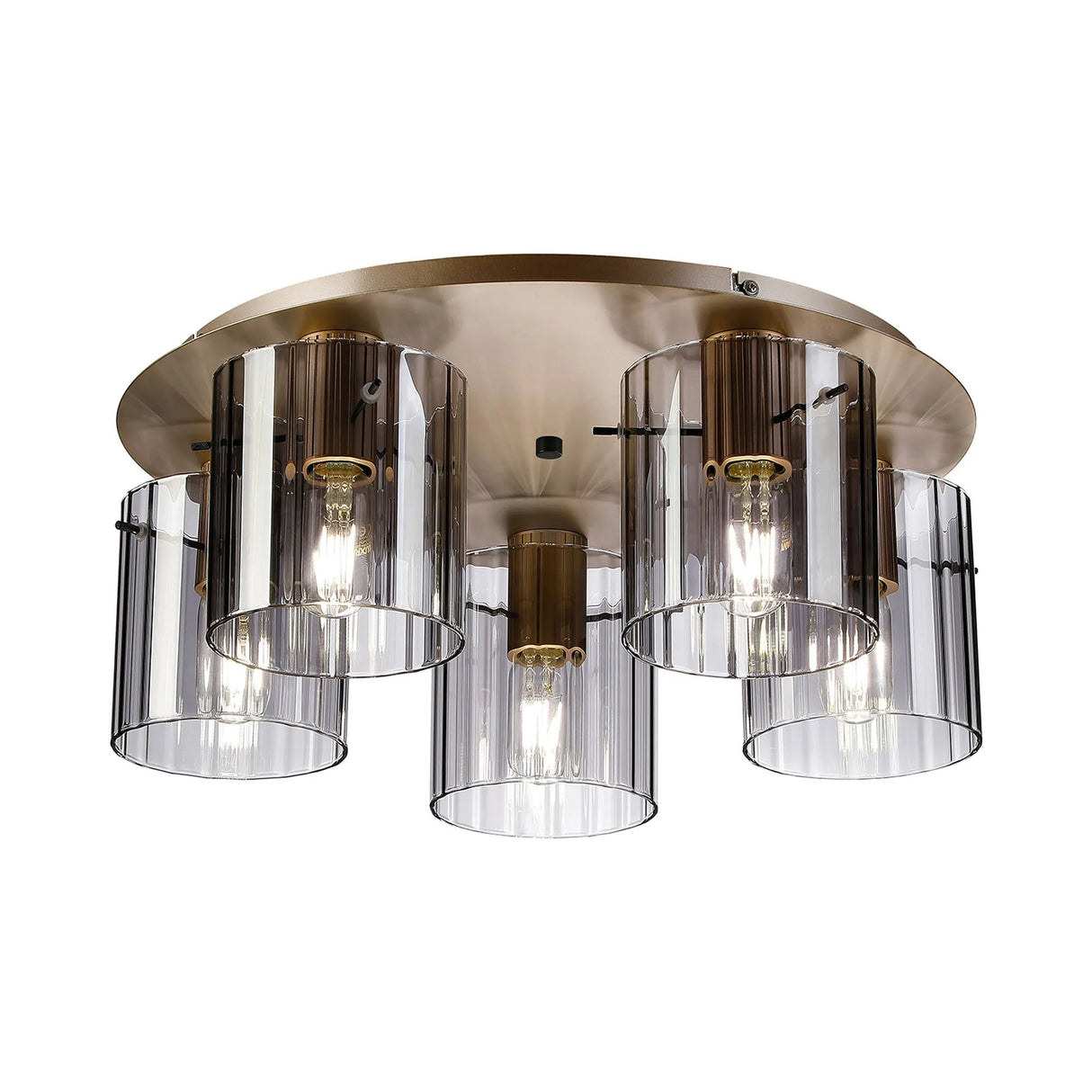 Aouchiche Round Ceiling Flush, 5 Light Flush Fitting E27, Light Gold/Smoke Wide Line Glass