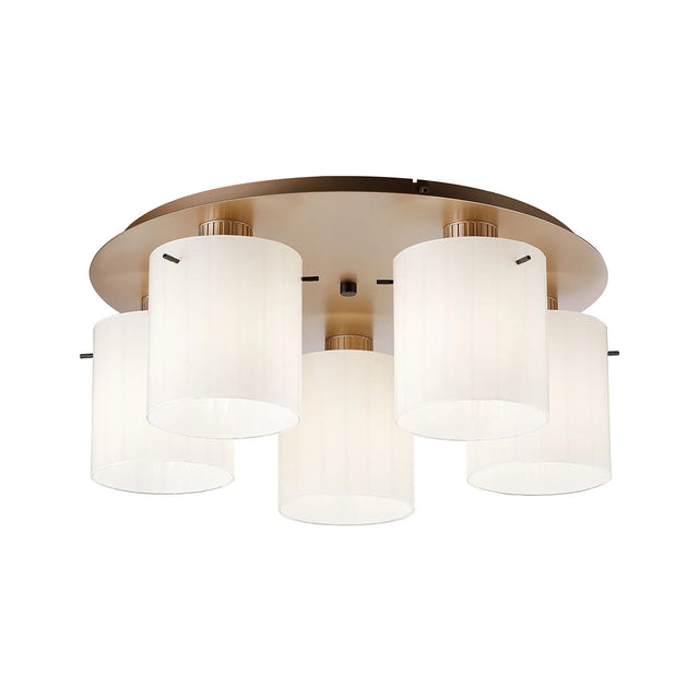Aouchiche Round Ceiling Flush, 5 Light Flush Fitting E27, Light Gold/Gloss White Wide Line Glass