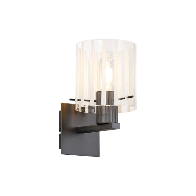 Aouchiche Single Switched Wall Lamp, 1 Light, E27, Dark Grey/Frosted/Clear Wide Line Glass