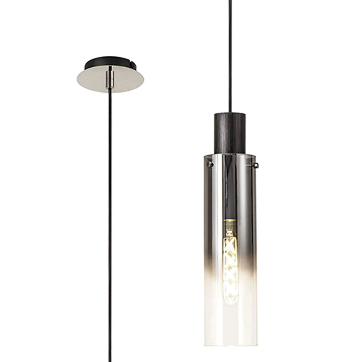 Bridges Single Pendant, 1 Light Adjustable E27, Black/Smoke Fade Glass