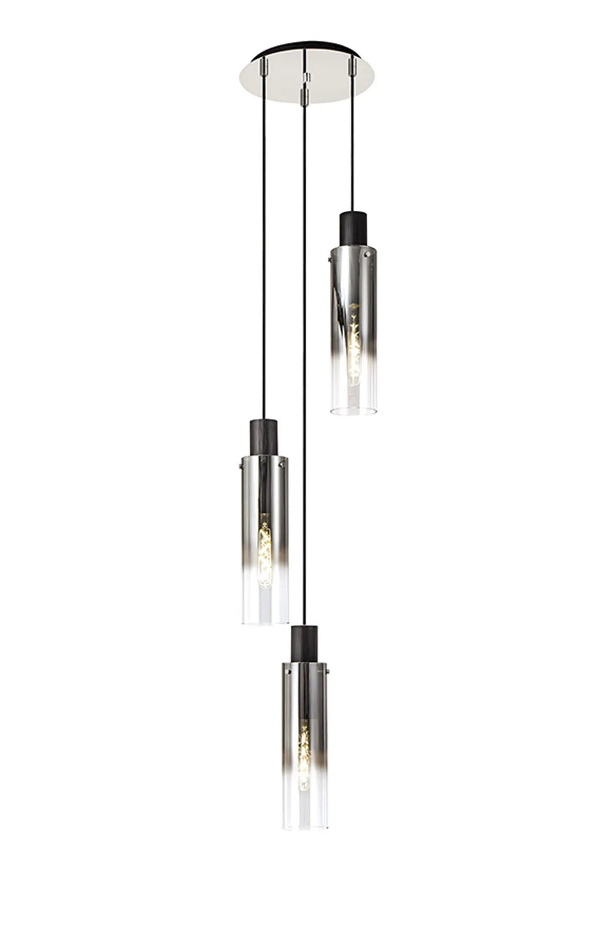 Bridges Round Pendant, 3 Light Adjustable E27, Black/Smoke Fade Glass