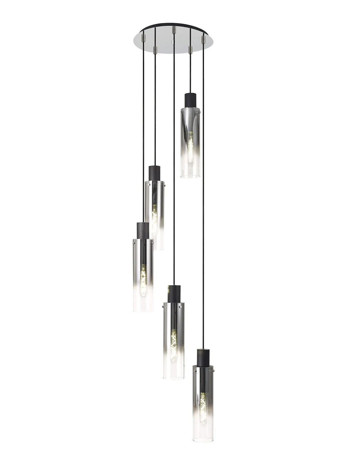 Bridges Round Pendant, 5 Light Adjustable E27, Black/Smoke Fade Glass