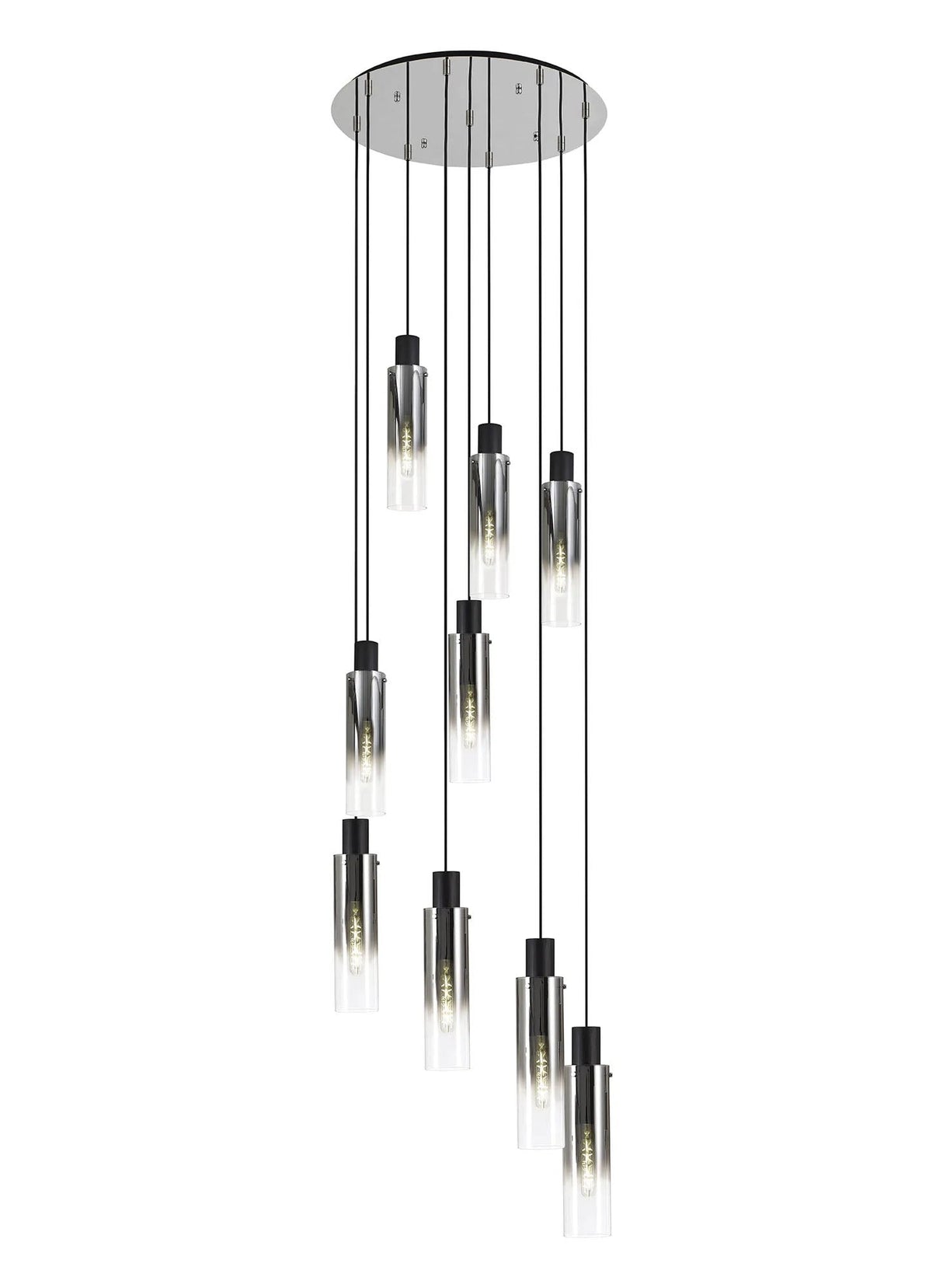 Bridges Round Pendant, 9 Light Adjustable E27, Black/Smoke Fade Glass
