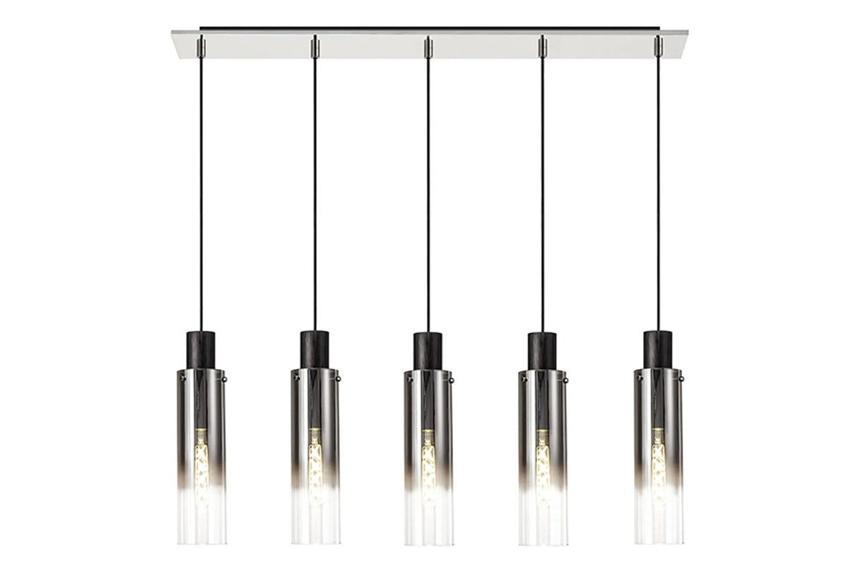 Bridges Linear Pendant, 5 Light Adjustable E27, Black/Smoke Fade Glass