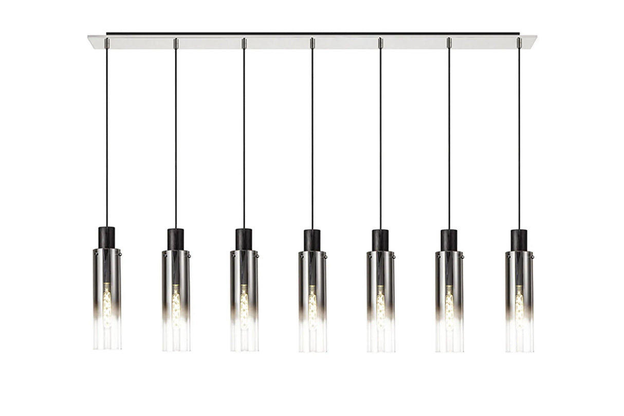 Bridges Linear Pendant, 7 Light Adjustable E27, Black/Smoke Fade Glass