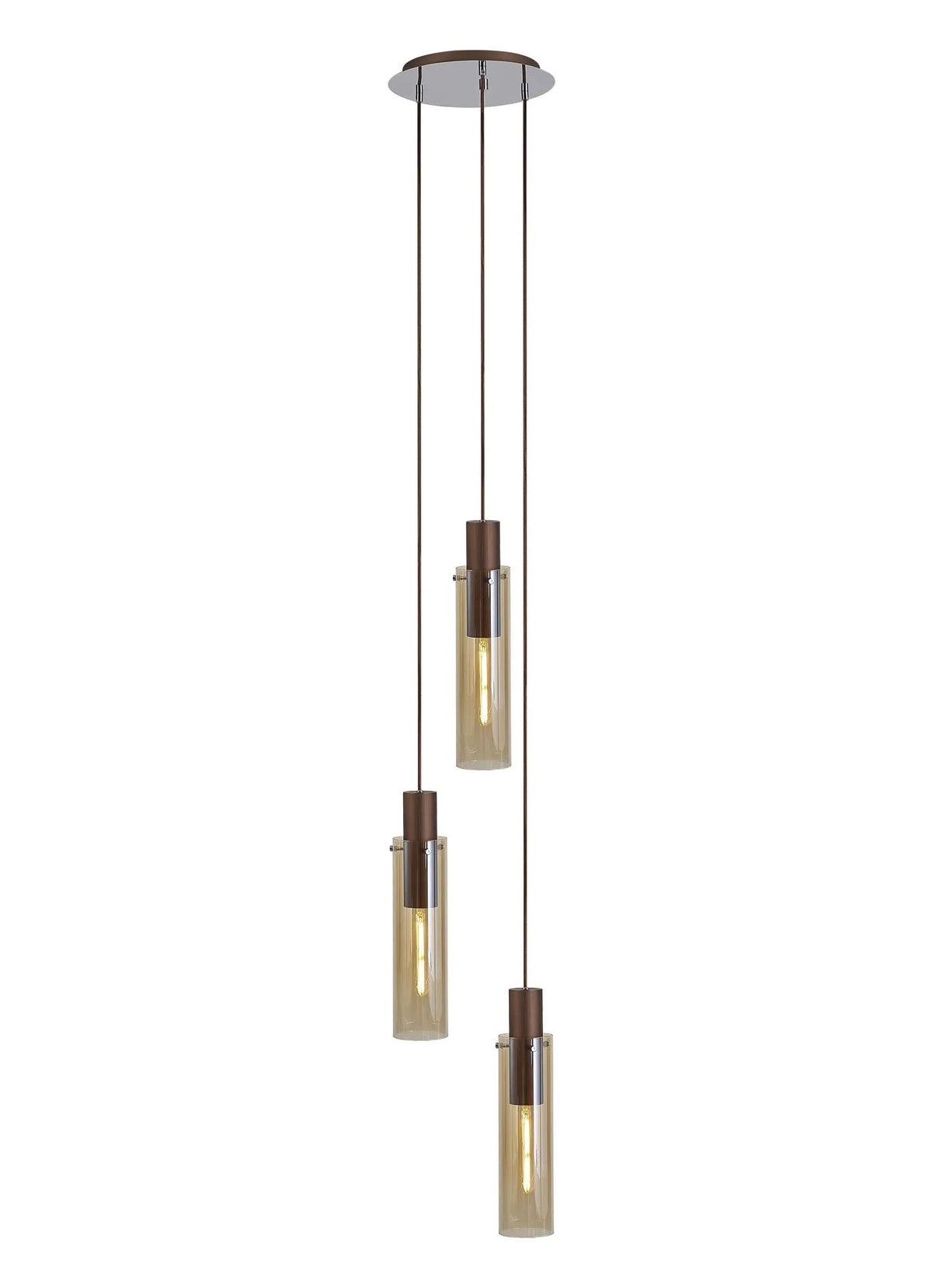 Bridges Round Pendant, 3 Light Adjustable E27, Mocha/Amber Glass