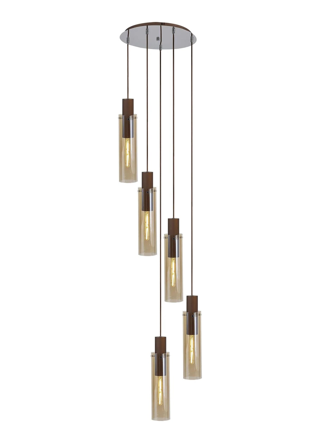 Bridges Round Pendant, 5 Light Adjustable E27, Mocha/Amber Glass