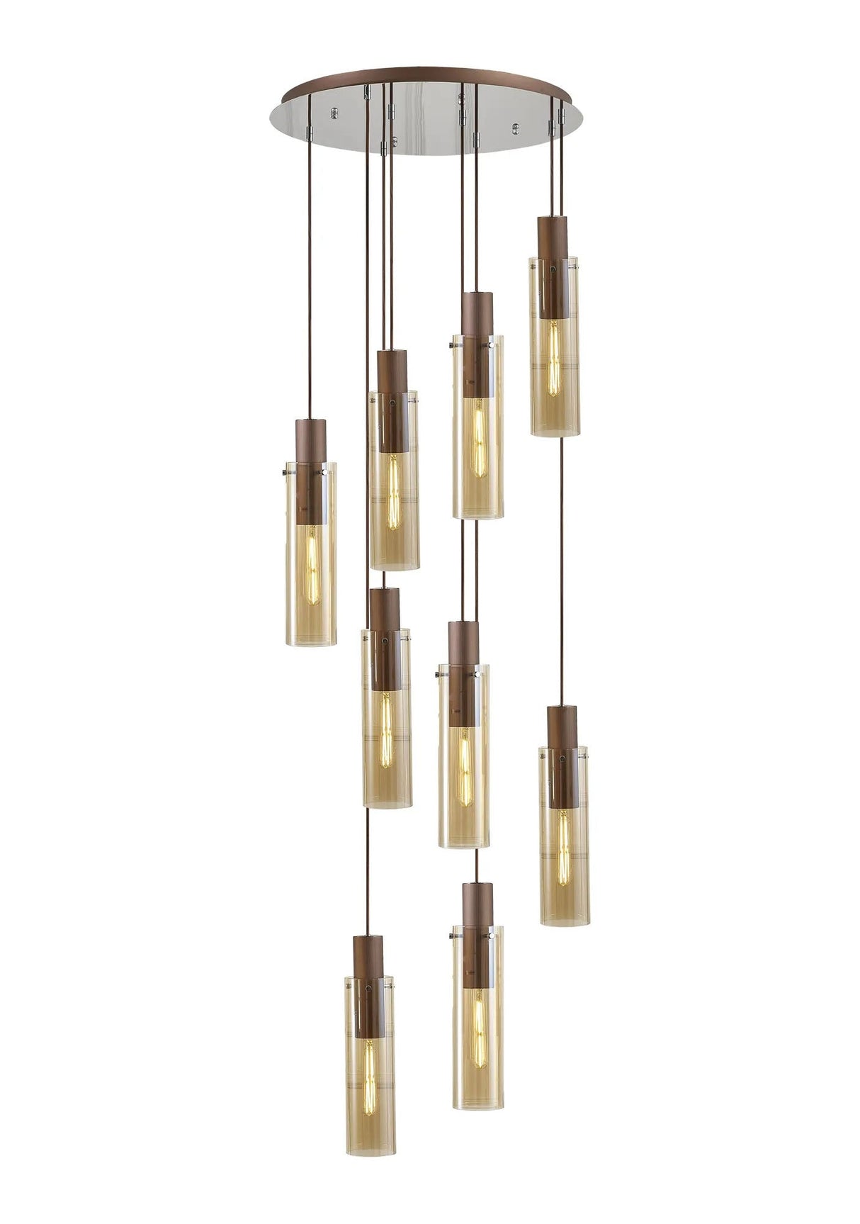 Bridges Round Pendant, 9 Light Adjustable E27, Mocha/Amber Glass