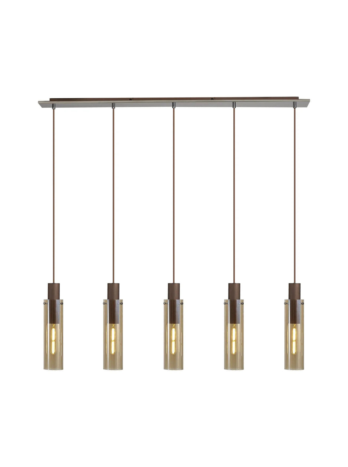 Bridges Linear Pendant, 5 Light Adjustable E27, Mocha/Amber Glass
