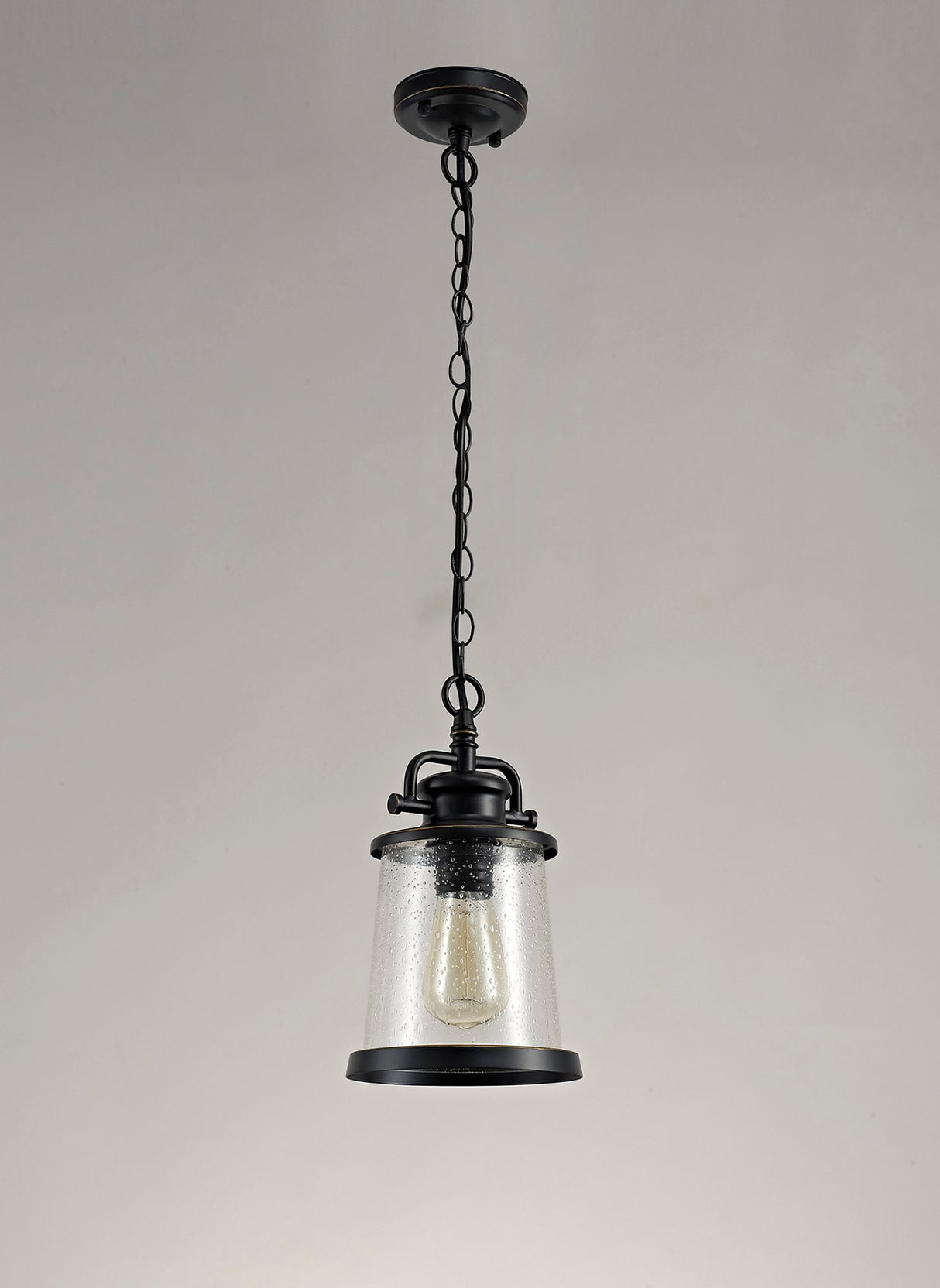 Cooke Pendant, 1 x E27, Black/Gold With Seeded Clear Glass, IP54, 2yrs Warranty