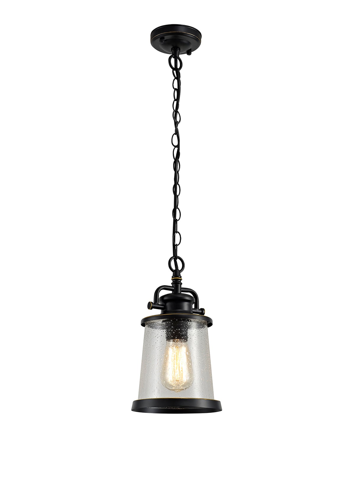 Cooke Pendant, 1 x E27, Black/Gold With Seeded Clear Glass, IP54, 2yrs Warranty