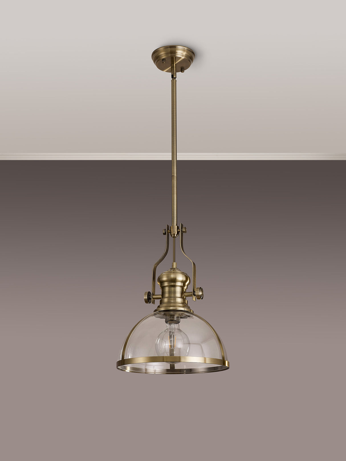 Munro Pendant, 1 x E27, Antique Brass With Round 30cm Antique Brass / Clear Glass Shade
