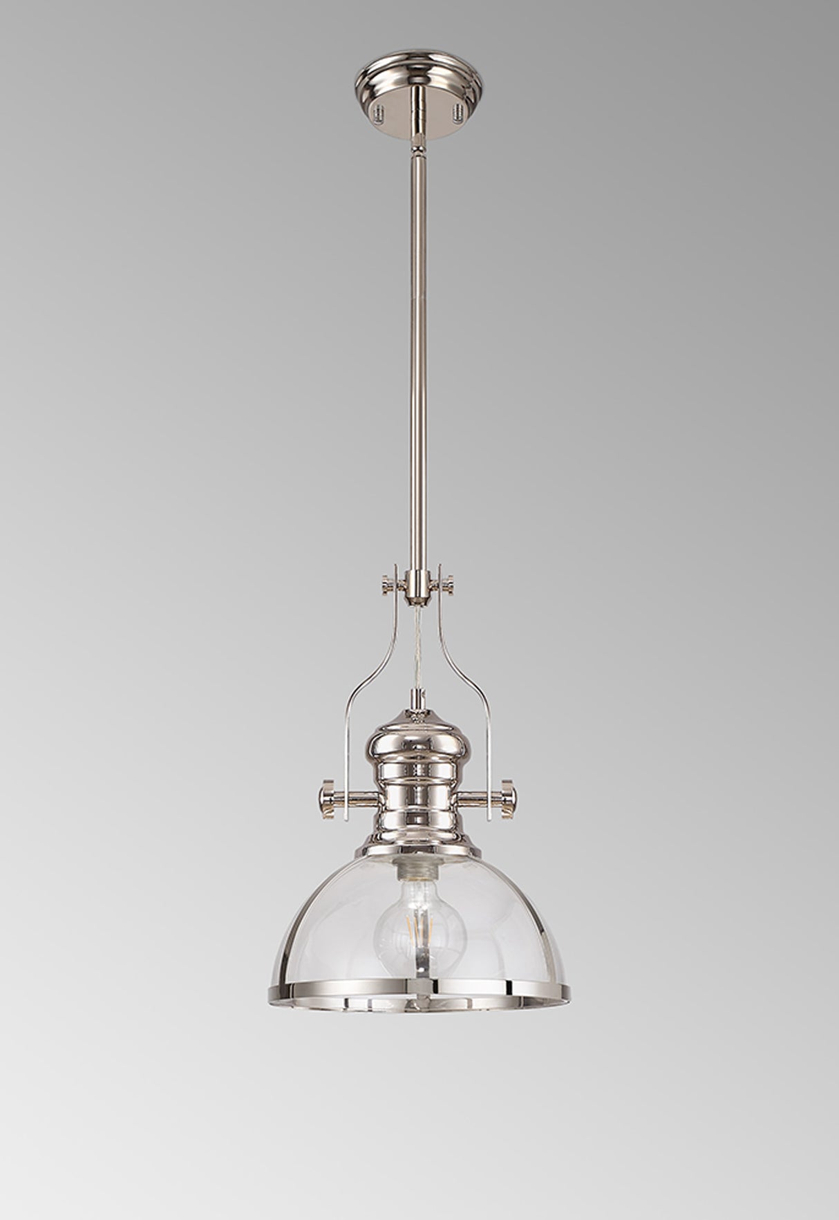Munro Pendant, 1 x E27, Polished Nickel With Round 30cm Polished Nickel / Clear Glass Shade
