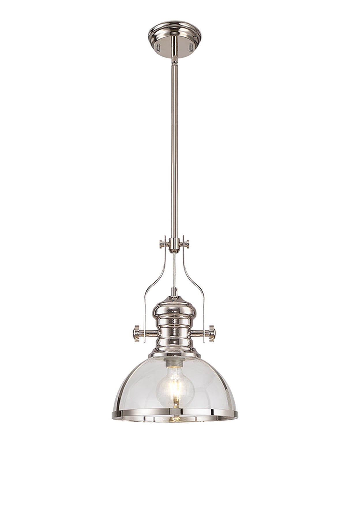 Munro Pendant, 1 x E27, Polished Nickel With Round 30cm Polished Nickel / Clear Glass Shade