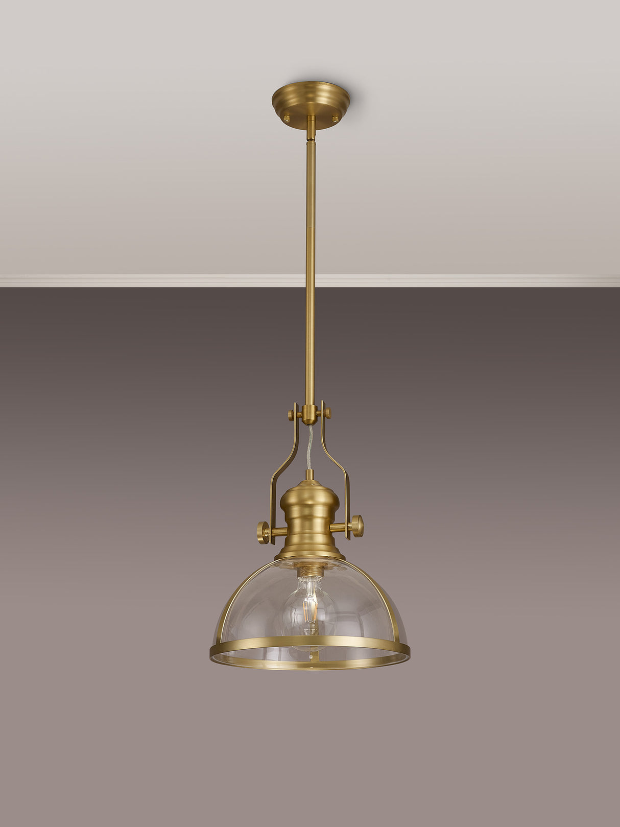Munro Pendant, 1 x E27, Satin Gold With Round 30cm Satin Gold / Clear Glass Shade