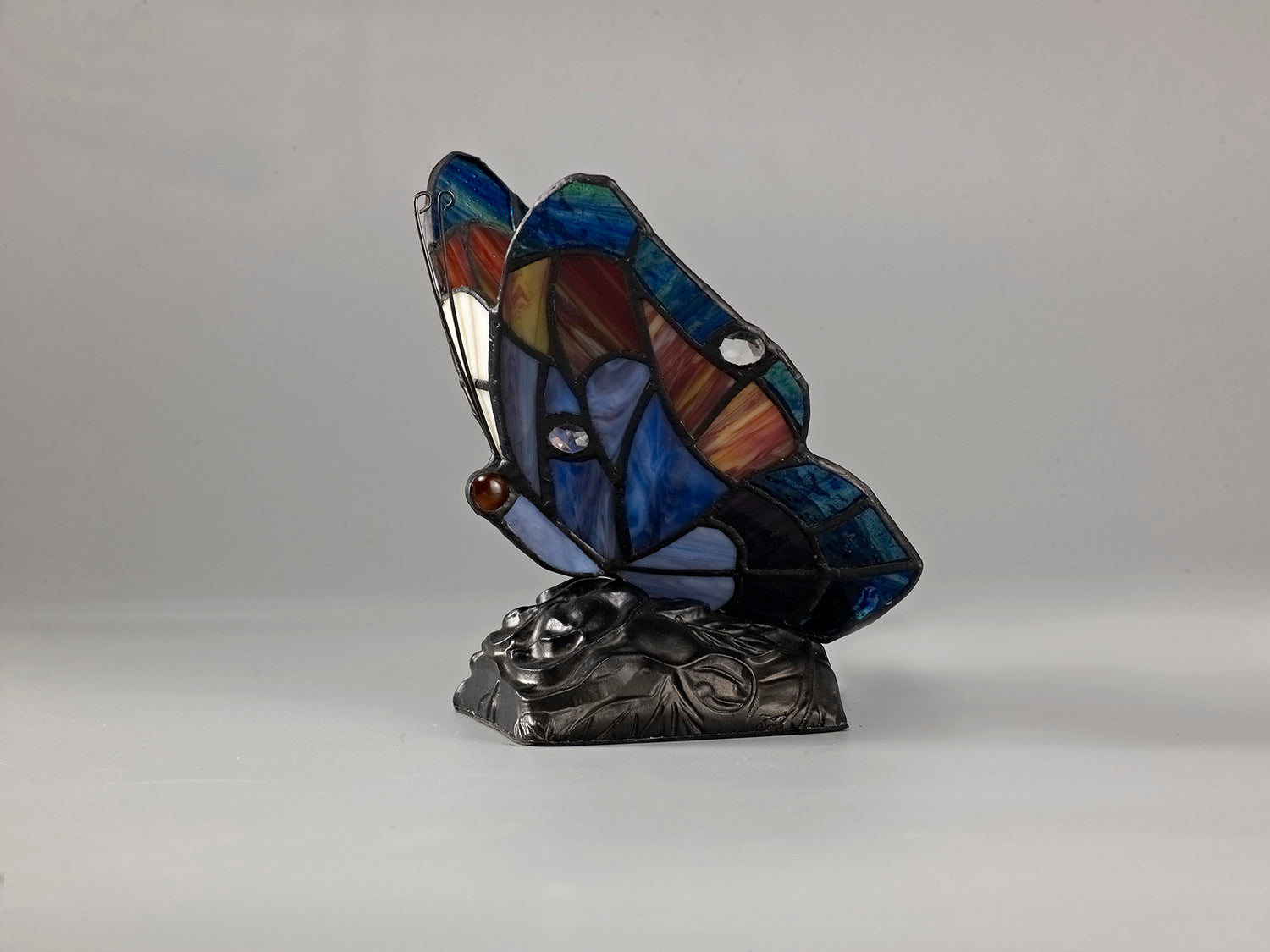 Quinn Tiffany Butterfly Table Lamp, 1 x E14, Black Base With Blue/Brown Glass With Clear Crystal