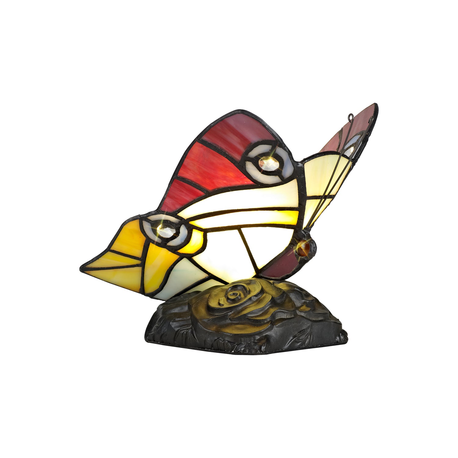 Quinn Tiffany Butterfly Table Lamp, 1 x E14, Black Base With Red/Yellow/Blue Glass With Clear Crystal