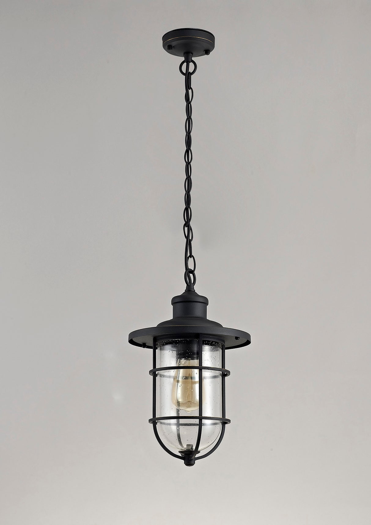 Cox Pendant, 1 x E27, Black/Gold With Seeded Clear Glass, IP54, 2yrs Warranty