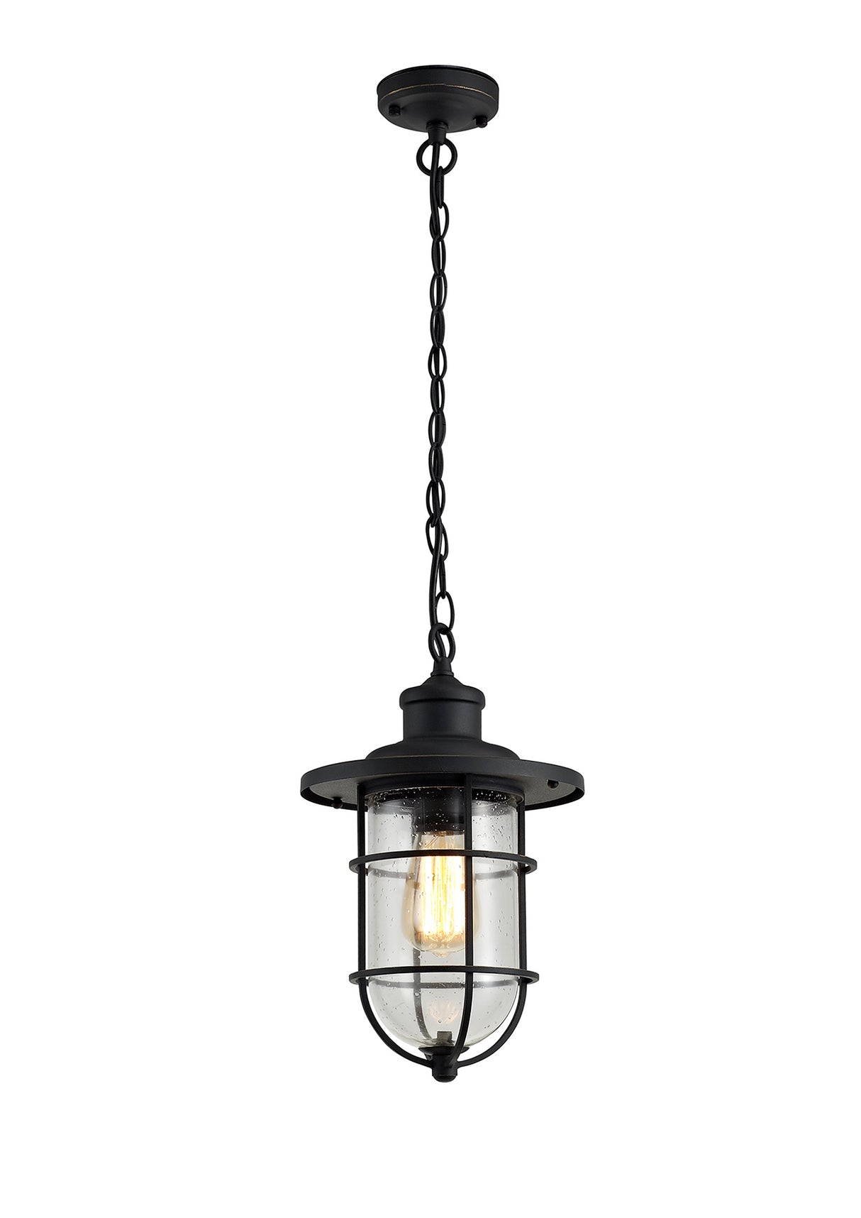 Cox Pendant, 1 x E27, Black/Gold With Seeded Clear Glass, IP54, 2yrs Warranty