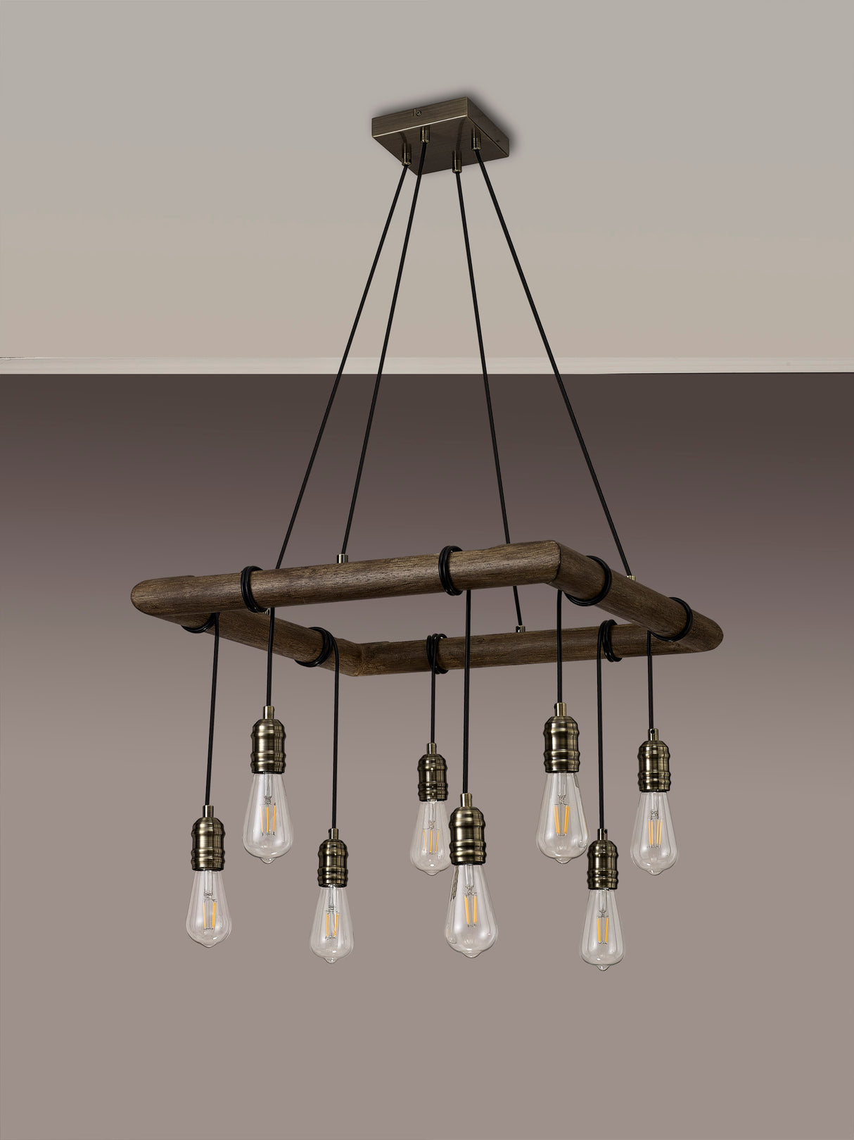 Tiler Square Pendant, 8 x E27, Medium Oak/Antique Brass