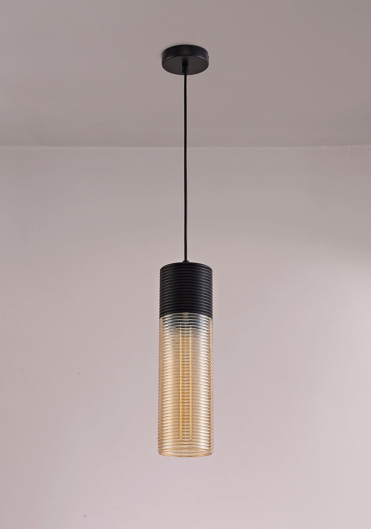 Herd Single Tube Pendant 1 Light E27, Black/Amber Glass