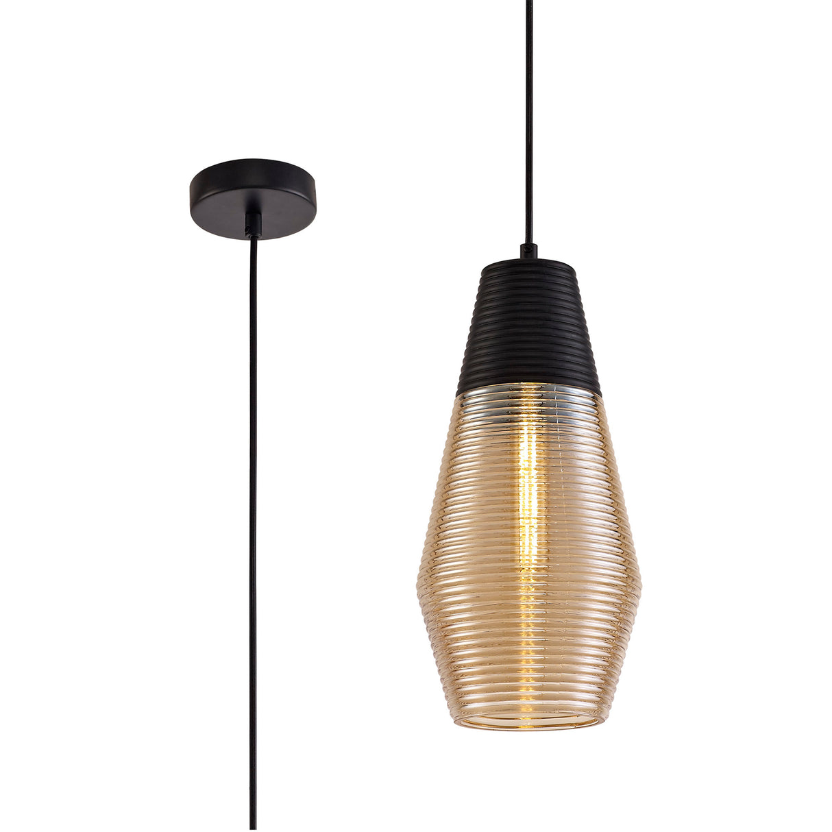 Herd Single Cone Pendant 1 Light E27, Black/Amber Glass