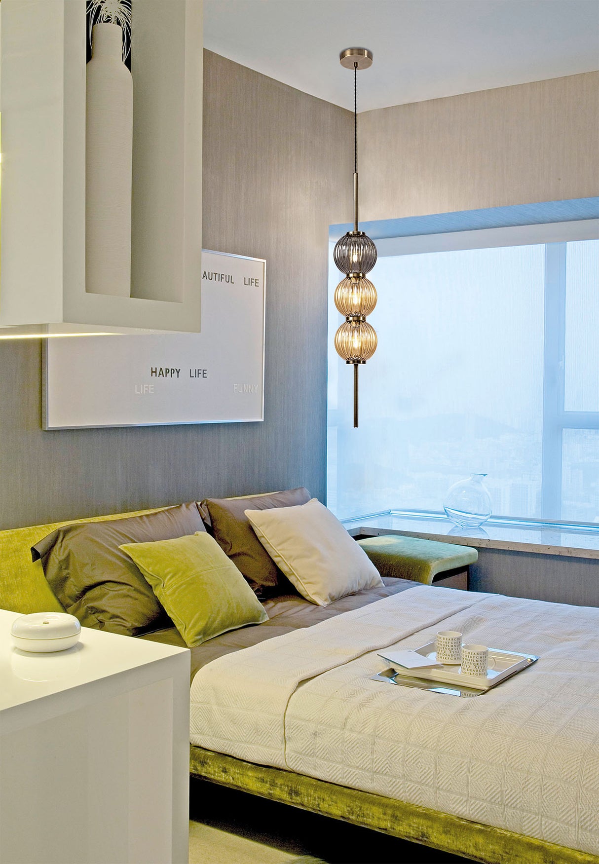 Halom Pendant, 3 x G9, Antique Brass/Smoked & Amber Glass