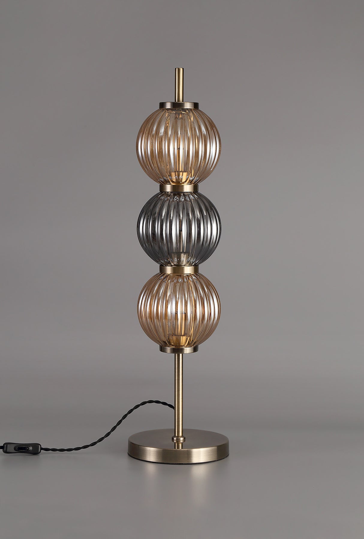 Halom Table Lamp, 3 x G9, Antique Brass/Smoked & Amber Glass