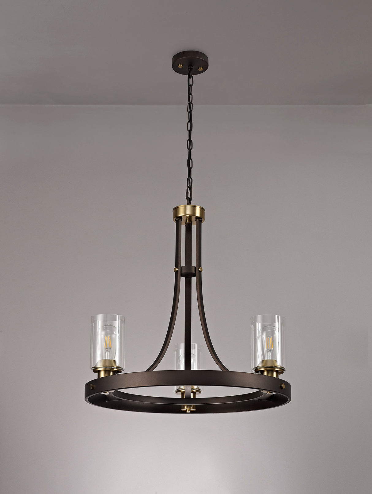 Owers Pendant 3 Light E27, Brown Oxide/Gold Bronze With Clear Glass Shades