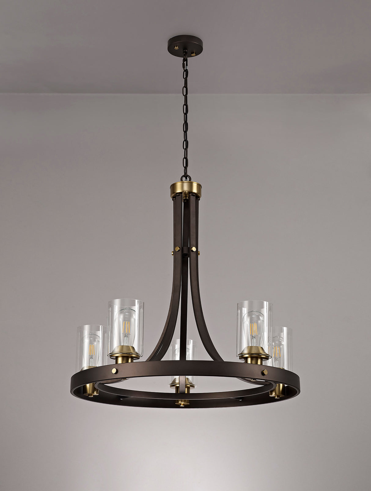 Owers Pendant 5 Light E27, Brown Oxide/Gold Bronze With Clear Glass Shades