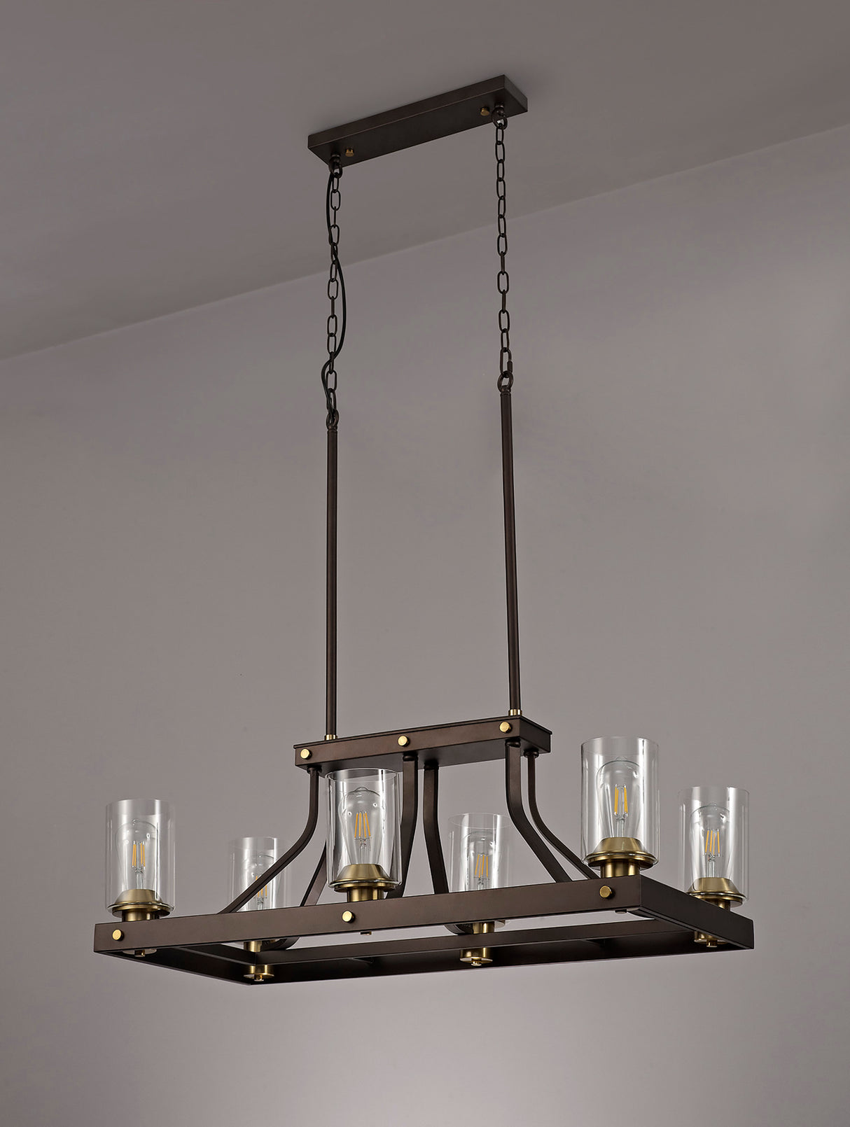 Owers Linear Pendant 6 Light E27, Brown Oxide/Gold Bronze With Clear Glass Shades
