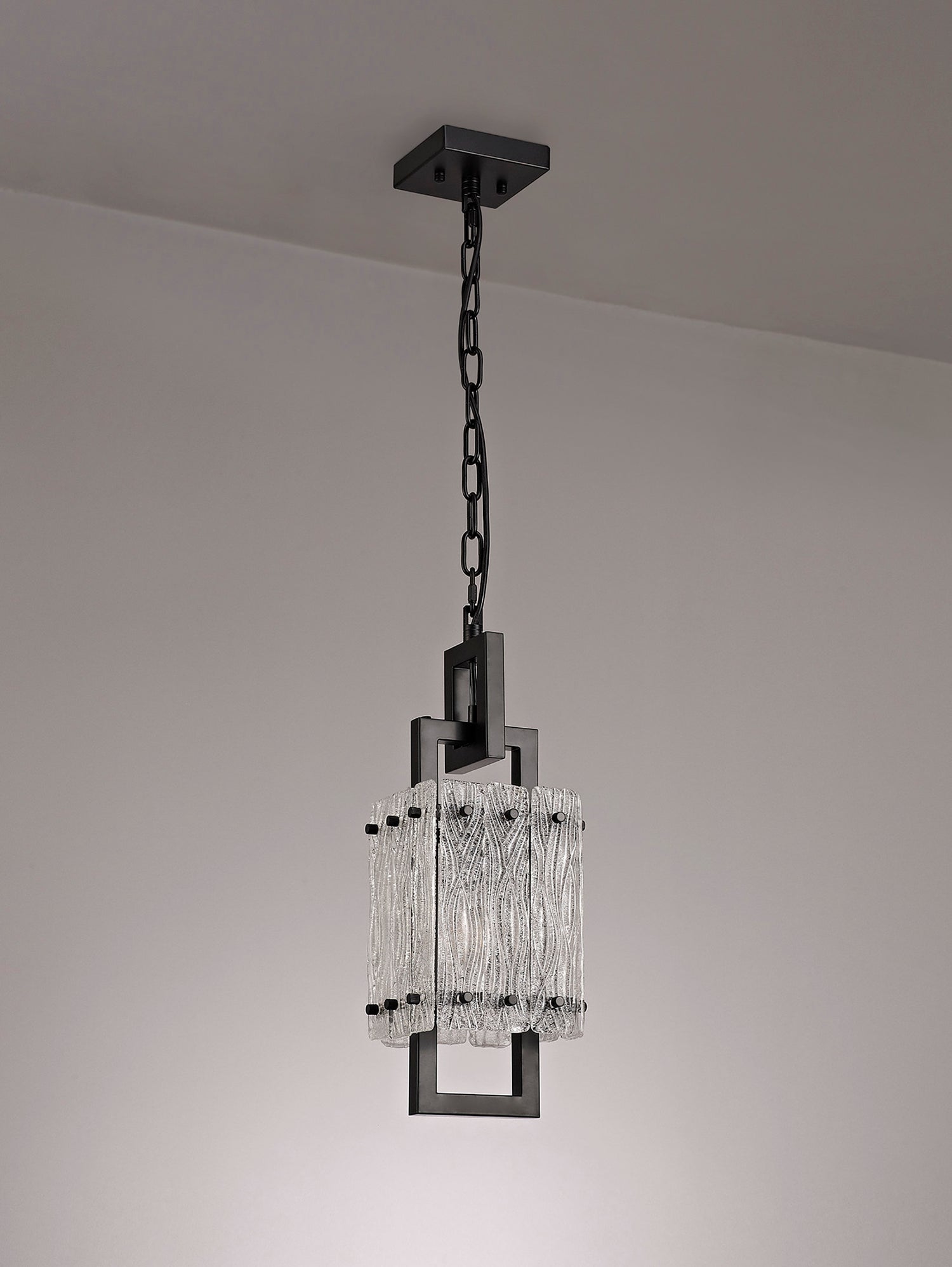 Ursem Small Square Pendant, 1 Light E27, Matt Black/Crystal Sand Glass