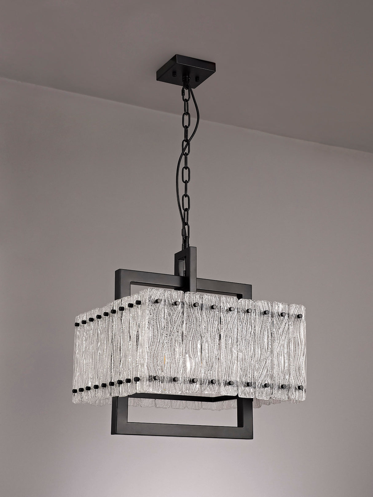Ursem Large Square Pendant/Semi Flush, 5 Light E27, Matt Black/Crystal Sand Glass