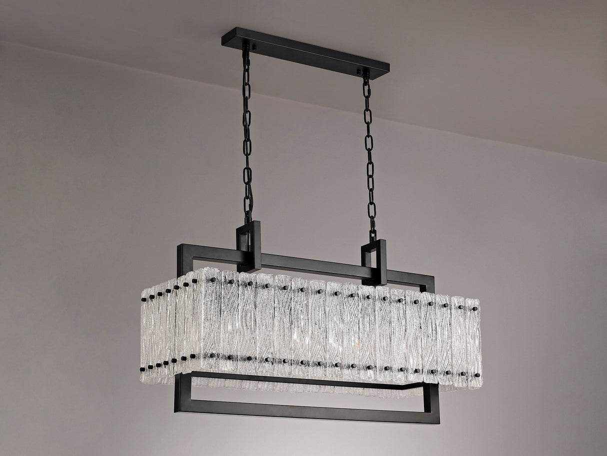 Ursem Medium Linear Pendant, 8 Light E27, Matt Black/Crystal Sand Glass Item Weight: 15.5kg
